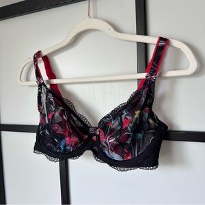 30F Freya Sultry Black Sheer Lace Bra with Multicoloured Floral Embroidery Women